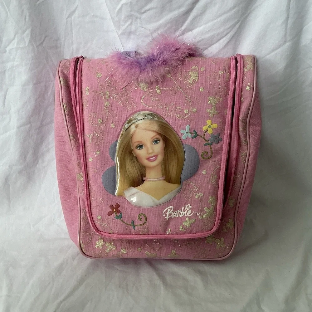 Vintage 2000s Barbie Pink Doll Clothes Storage Bag with Feather Strap 2003